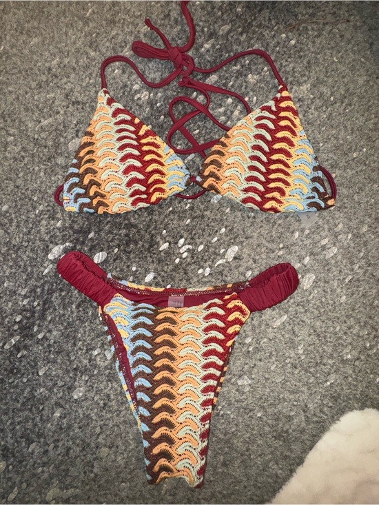 Other - Crocheted Multicolor Wave Bikini Top & Bottom - Burgundy Accents
